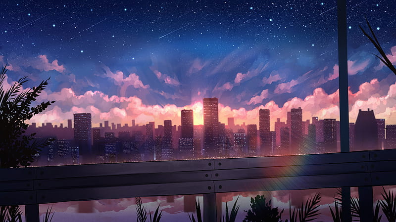 An anime city drawing set at sunset, art, city, anime, drawing, calming, dusk, river, evening, HD wallpaper