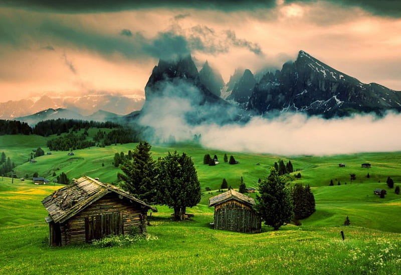 At The Alps Domain, Dolomites, huts, green, prairie, sunset, trees, clouds, HD wallpaper