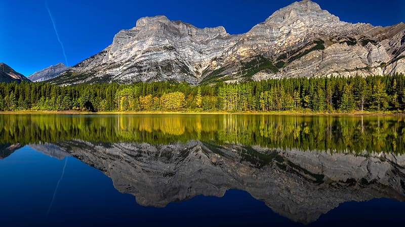 Wedge Pond, Rocky Mountains, Alberta, trees, mountains, water, reflections, canada, rocks, HD wallpaper
