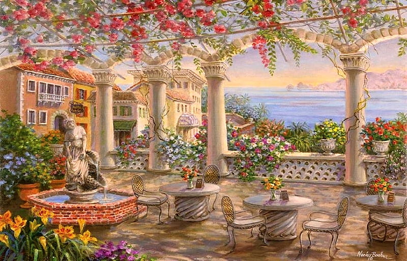 Dining on the Terrace, architecture, tables, restaurants, love four seasons, attractions in dreams, terrace, sea, hotels, paintings, sunsets, chairs, flowers, seaside, garden, nature, HD wallpaper