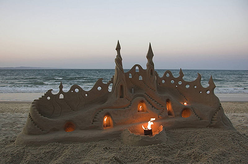 Sand Castle, sand, sky, lights, sea, HD wallpaper