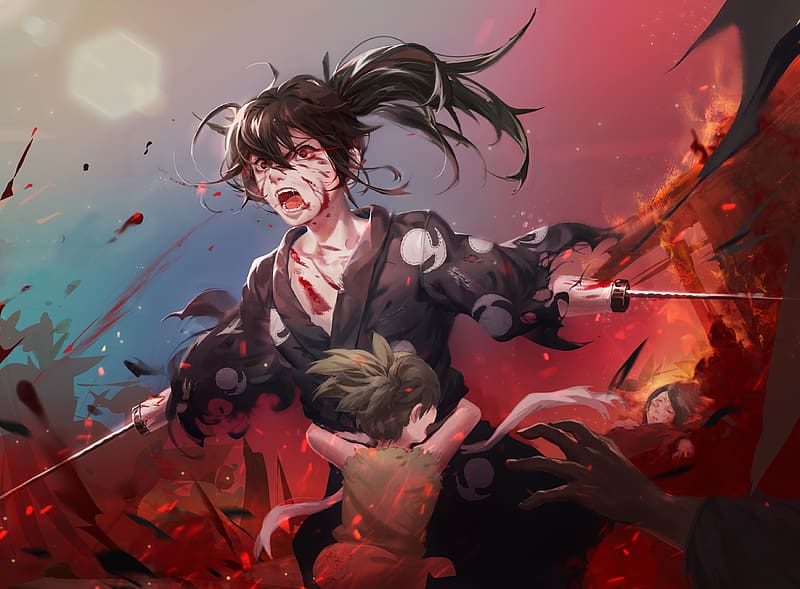 Anime, Fire, Weapon, Blood, Red Eyes, Black Hair, Brown Hair, Hyakkimaru (Dororo), Dororo (Anime), Dororo, Dororo (Dororo), HD wallpaper