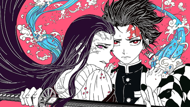 Demon Slayer Nezuko Kamado Tanjirou Kamado With Red Eyes With Sword With Background Of Red And Blue Abstract Anime, HD wallpaper