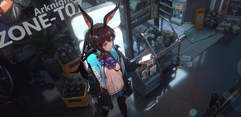 amiya, arknights, anime games, bunny ears, top view, sweater, shopping, Anime, HD wallpaper