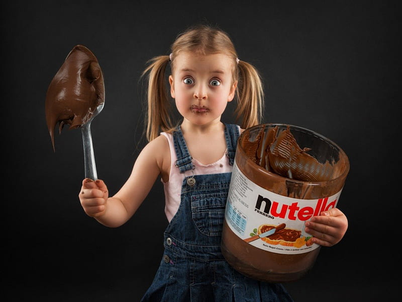 Yummi, kid, spoon, girl, chocolate, nutella, fun, HD wallpaper
