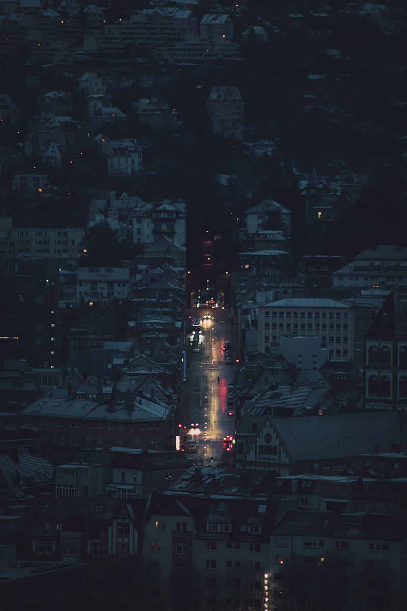 night city, aerial view, buildings, road, dark, HD phone wallpaper