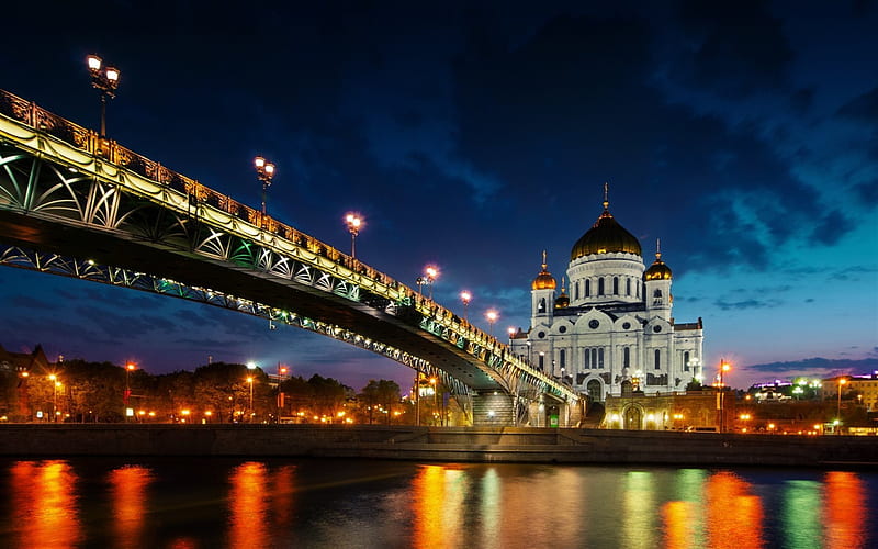 russia, moscow, bridge, night, HD wallpaper