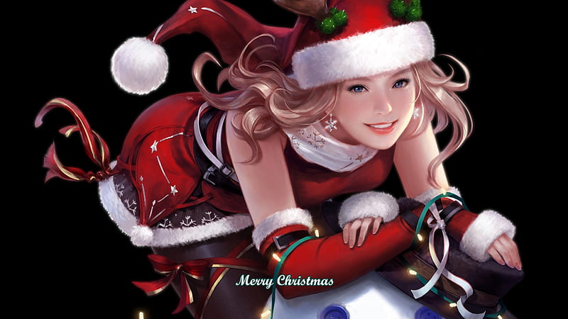 Christmas girl, fantasy, christmas, girl, jae hoon kim, snwoman, black, white, red, craciun, luminos, HD wallpaper