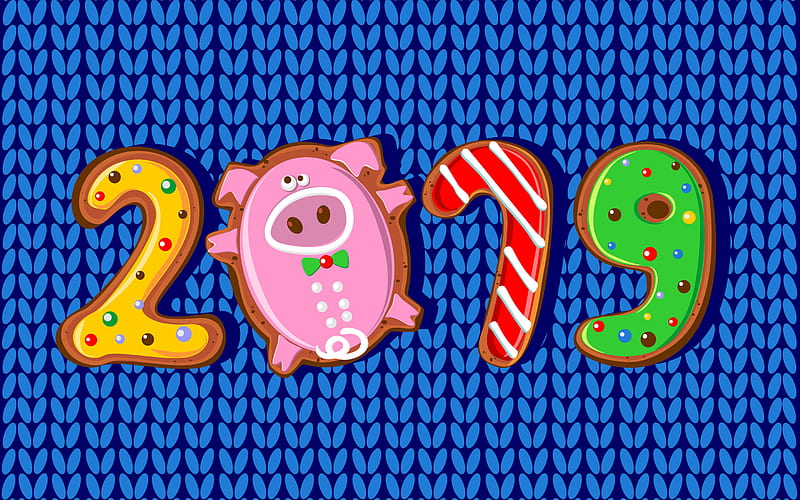 2019 New Year, blue knitted texture, cookies, creative 2019 art, blue 2019 background, pig cookies, 2019 concepts, 2019 year, HD wallpaper