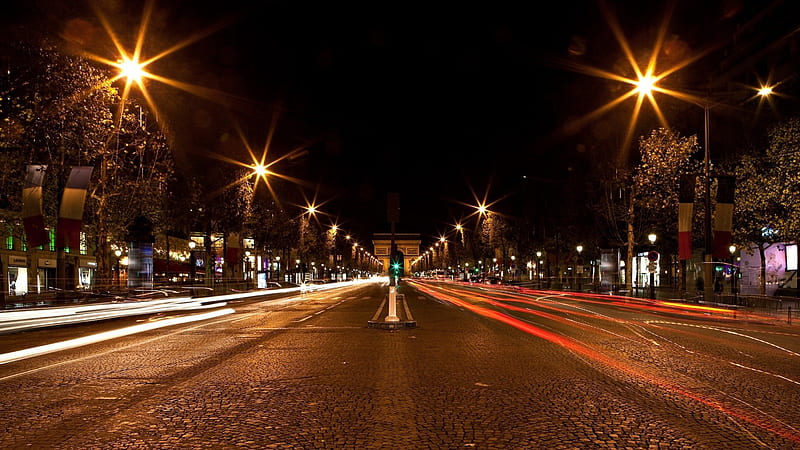 avenue late at night in the center of paris, monument, city, street, lights, night, HD wallpaper