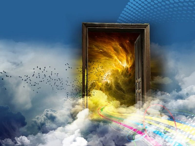 Heaven's Door, birds, rainbow, sky, clouds, HD wallpaper