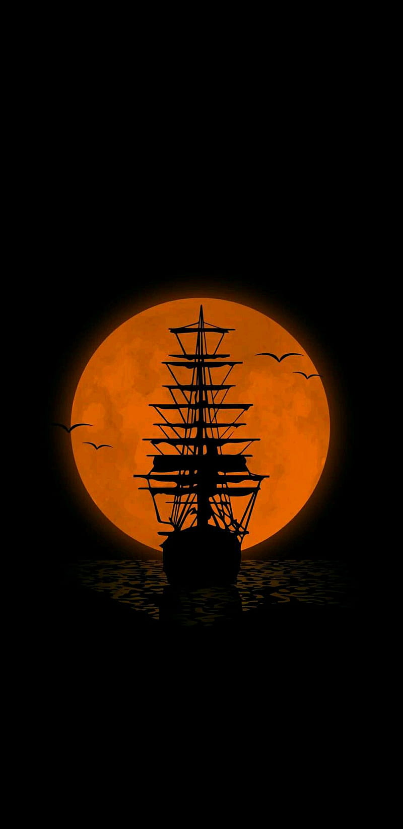 Orange moon, moonshine, night, ocean, pirate, sails, sea, ship, ships, themes, vessel, HD phone wallpaper