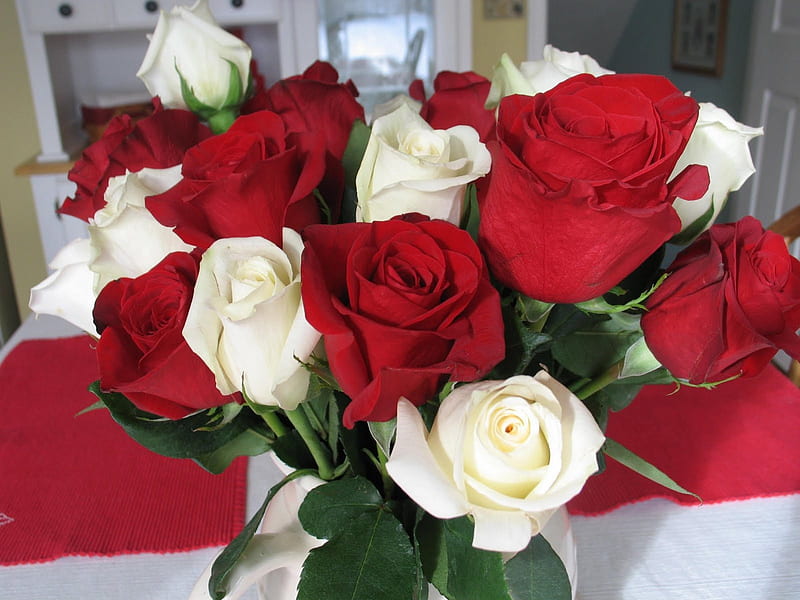 ~Roses for Christmas~, red, fresh, bonito, roses, green, bouquet, love, siempre, flowers, nature, white, HD wallpaper
