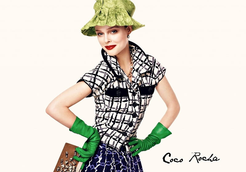 Coco Rocha, autumn, model, black, woman, hat, gloves, girl, green, funny, blue, HD wallpaper