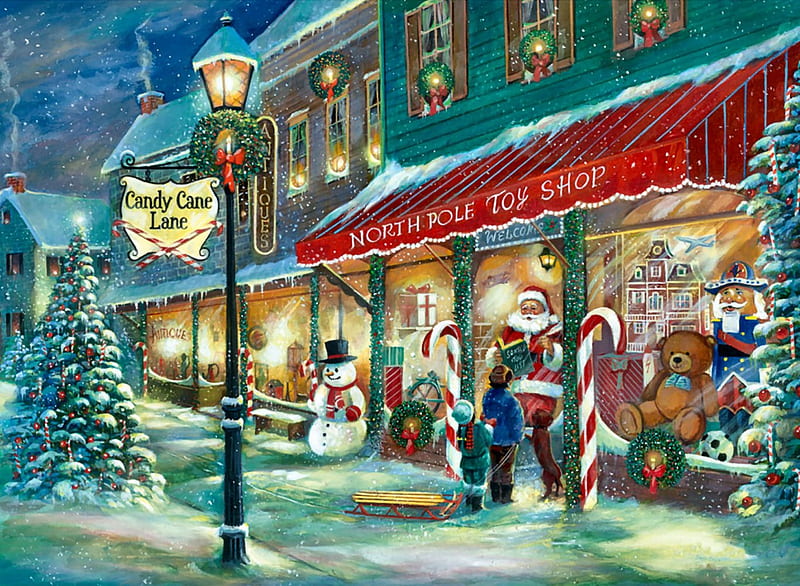 North Pole Toy Shop F2mp, Christmas, art, holiday, December, children, toy shop, snowman, Santa, illustration, artwork, canine, painting, wide screen, occasion, scenery, dog, HD wallpaper