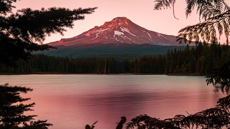 Mt Hood from Trillium Lake, Oregon, lake, sunset, volcano, usa, water, landscape, HD wallpaper