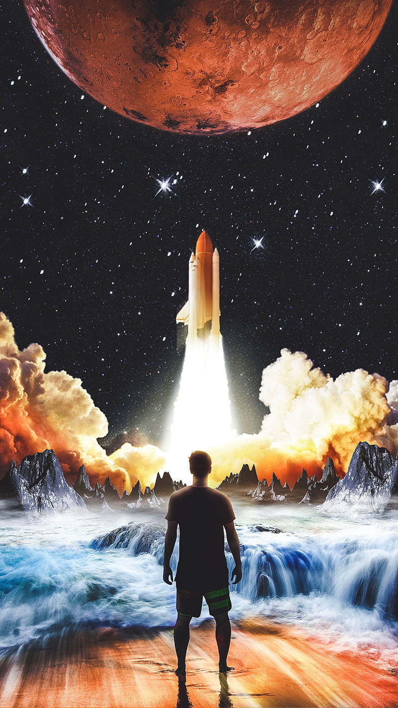 space launch, Circlestances, abstract, clouds, launch, mars, moon, rocket, space, stars, surreal, water, HD phone wallpaper