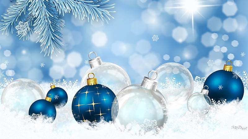 Blue Christmas Bright, brights, Christmas, shine, winter, bokeh, pine, snow, snowflakes, decorations, bright, fir, blue, spruce, HD wallpaper