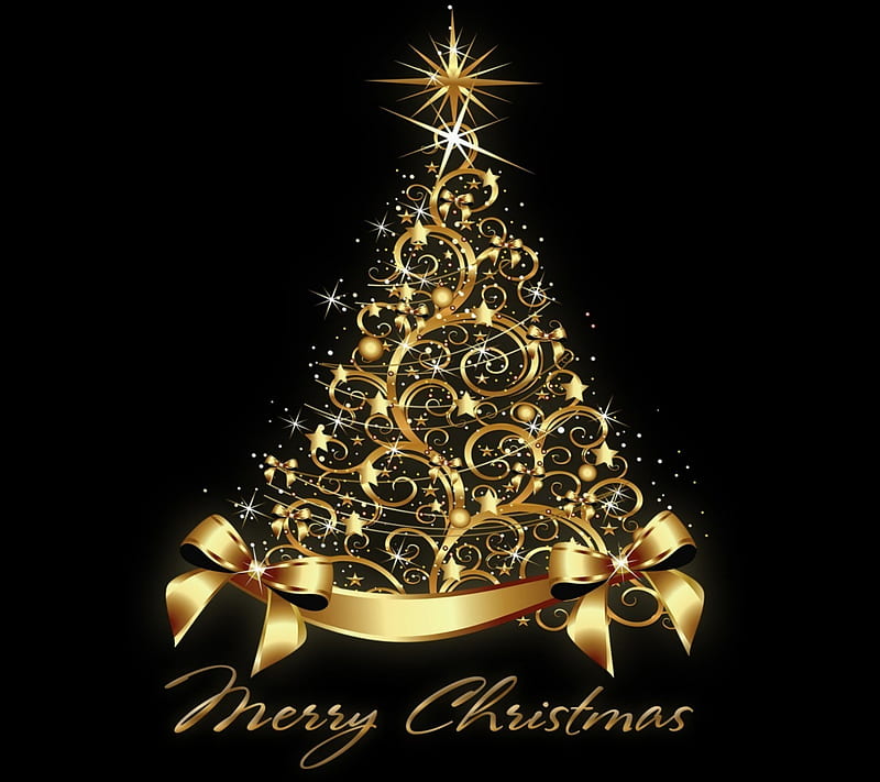 merry christmas, christmas tree, gold christmas, xmas, HD wallpaper