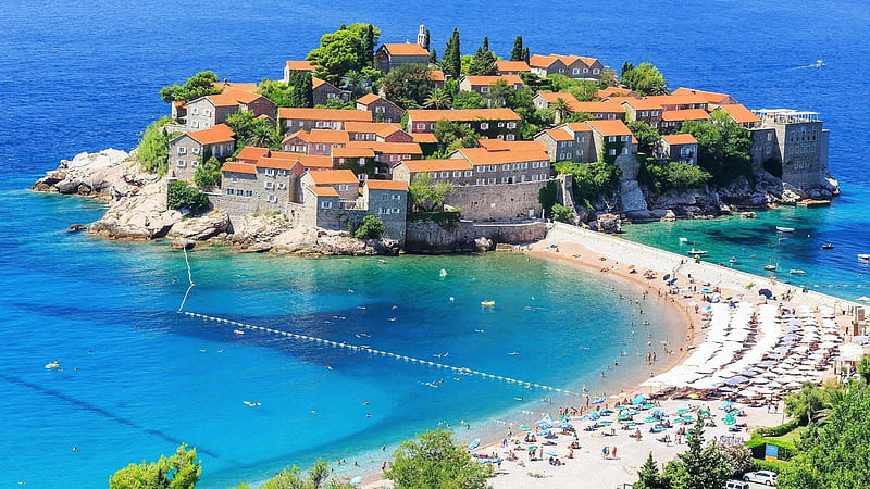 Sveti Stefan in Montenegro, houses, resort, beach, ship, nature, montenegro, sea, coast, HD wallpaper