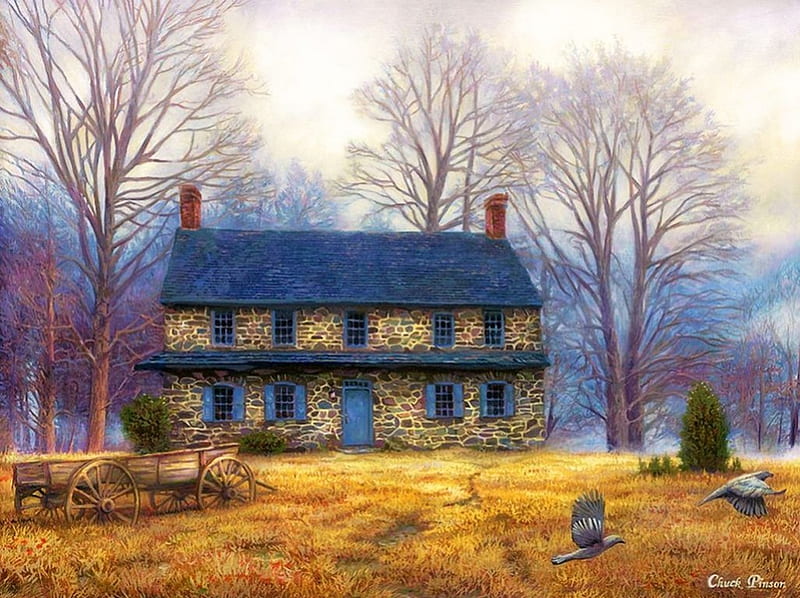 Old Farmhouse, countryside, autumn, house, painting, birds, trees, artwork, HD wallpaper