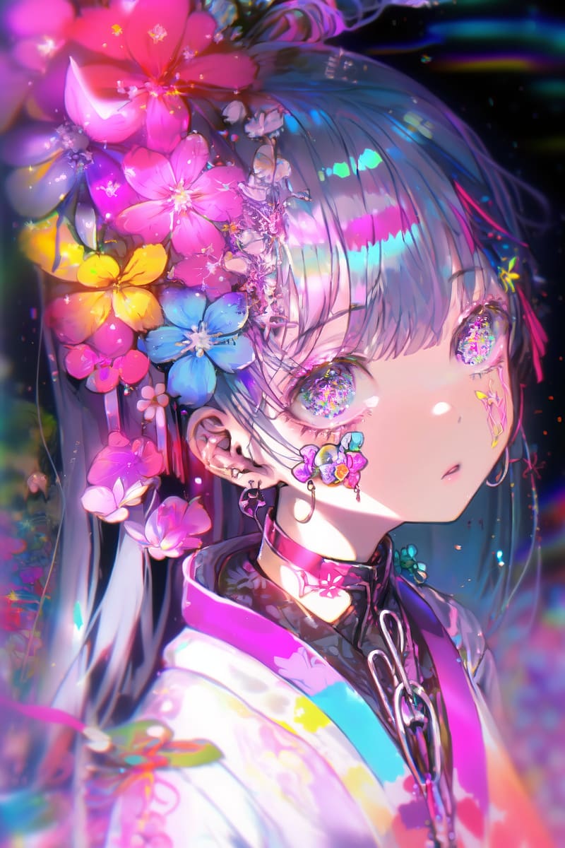 girl, flowers, sparkles, body art, anime, HD phone wallpaper