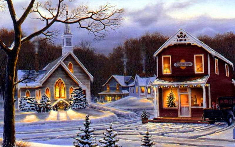 Winter village, pretty, house, cottage, cabin, bonito, eve, lights, cold, nice, painting, path, evening, frost, lovely, holiday, christmas, new year, church, trees, winter, snow, peaceful, vollage, frozen, HD wallpaper