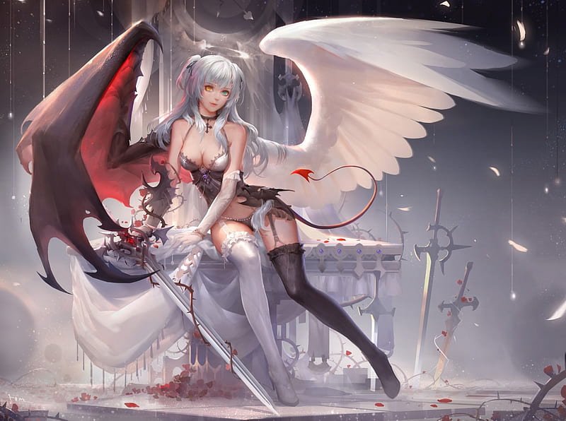 Angel and Demon, red, wings, angel, manga, lifotai, woman, succubus, demon,  girl, HD wallpaper | Peakpx