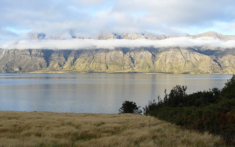 Lake Hawea, New Zealand, waters, calm, lakes, cloud, mountains, nature, shrouded, bonito, HD wallpaper