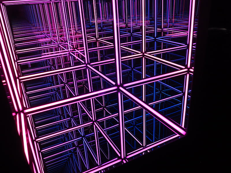 cube, neon, light, reflection, purple, dark, HD wallpaper