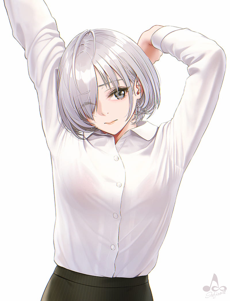 anime, anime girls, digital art, artwork, 2D, portrait display, vertical, white hair, gray eyes, bob hairstyle, looking at the side, thin eyebrows, bangs, white shirt, shirt, skirt, arms up, white background, stretching, infinote, HD phone wallpaper