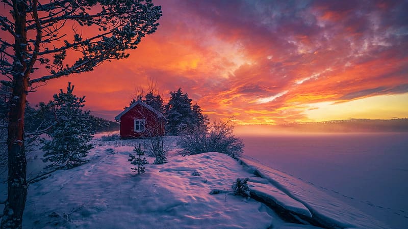 Ringerike, Norway, trees, colors, clouds, landscape, sky, evening, winter, frozen, house, lake, snow, HD wallpaper