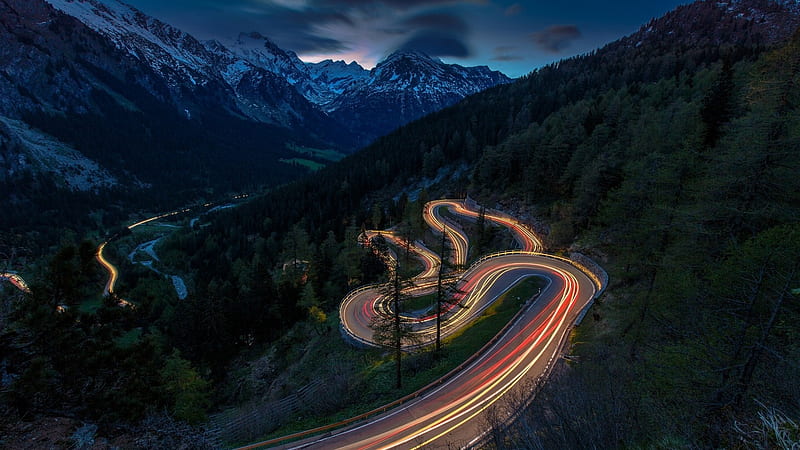 mountain road in switzerland in slow exposure, mountains, slow exposure, evening, road, lights, snake, HD wallpaper