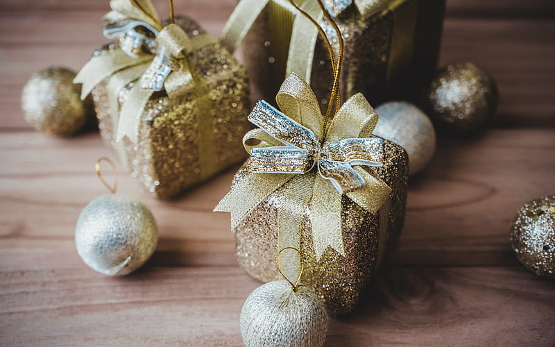 golden creative christmas balls, golden gifts, shiny silk golden ribbons, silk bows, Christmas, New Year, HD wallpaper