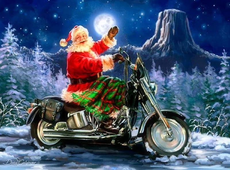 Santa's Greetings, moons, Christmas, holidays, love four seasons, attractions in dreams, santa claus, motorcycle, xmas and new year, winter, paintings, snow, HD wallpaper