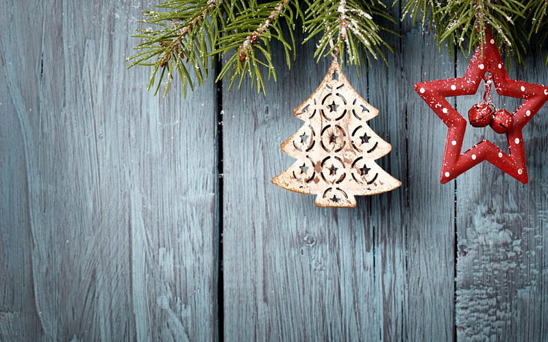 Merry Christmas!, red, tree, green, christmas, decoration, wood, figurine, star, HD wallpaper