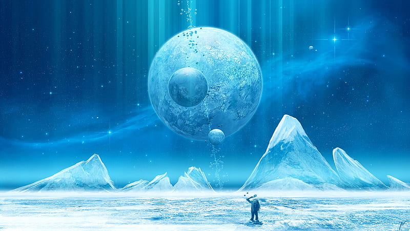 The eternal observer, winter, blue, fantasy, josef barton, luminos, planet, iarna, HD wallpaper
