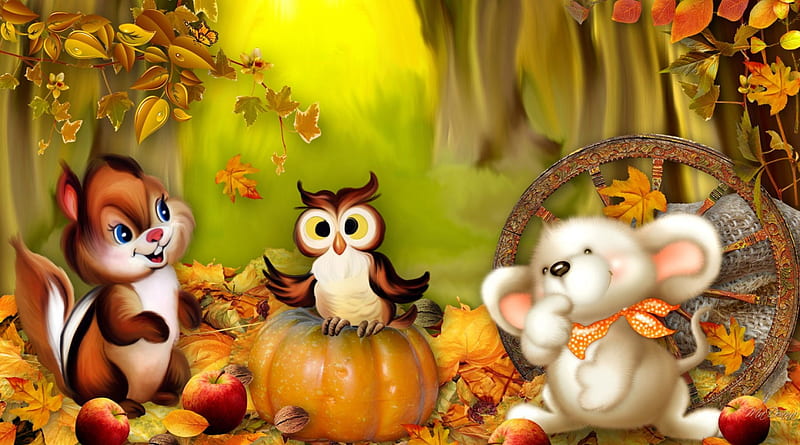 Happy Fall Friends, owl, chipmunk, fall, autumn, squirrel, woods, trees, happy, leaves, Thanksgiving, whimsical, pumpkin, mouse, leaaves, wheel, HD wallpaper