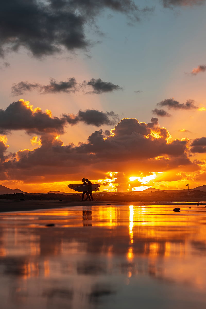 ocean, silhouettes, surfing, surfers, sunset, HD phone wallpaper