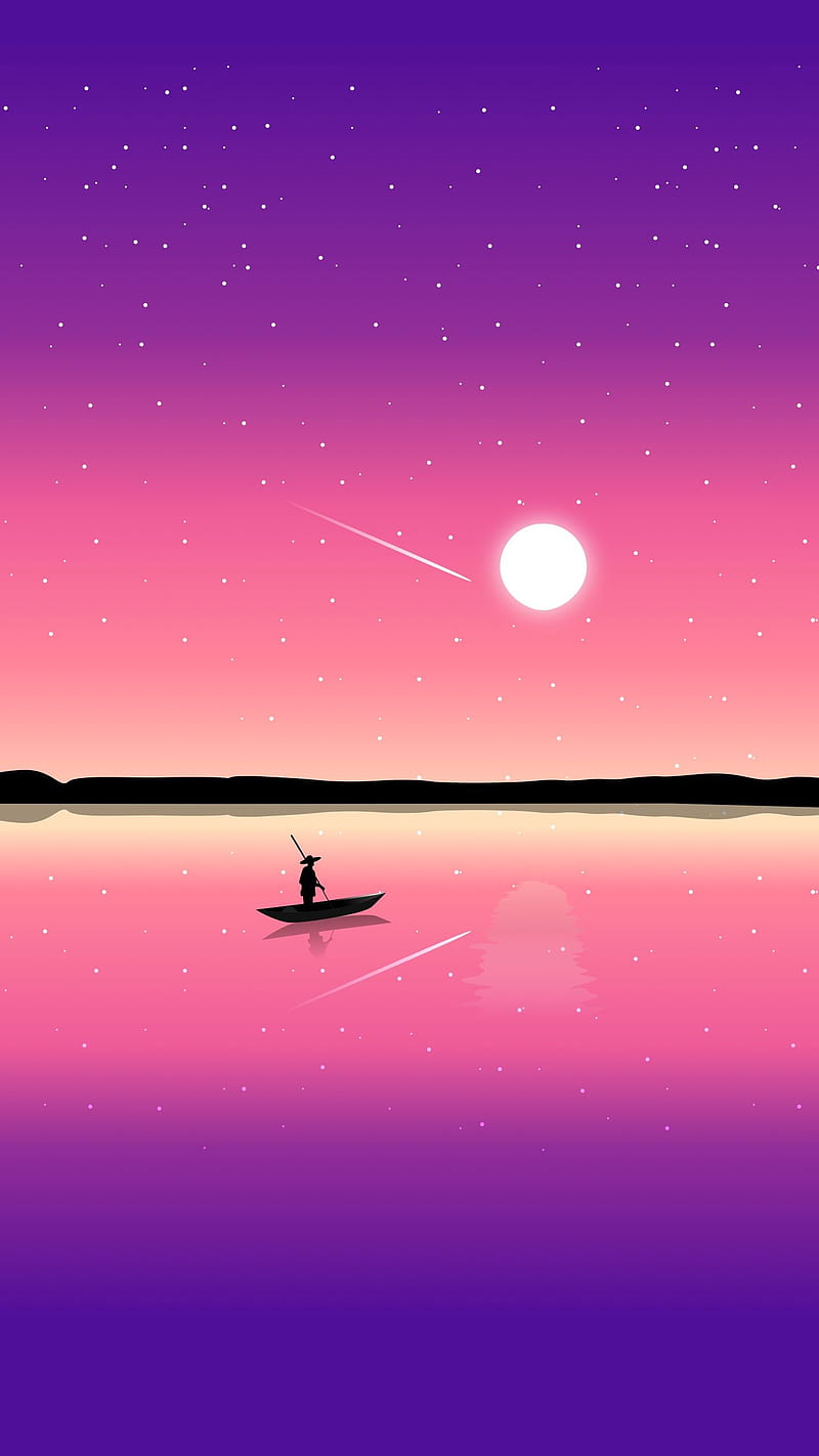 On the lake, sky, night, stars, fantasy, boat, fisherman, purple, pink, fuchsia, HD phone wallpaper
