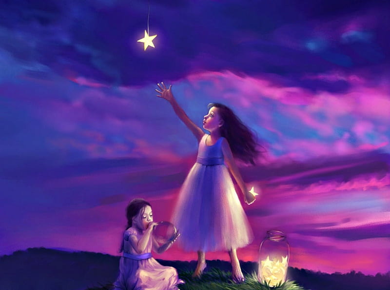 Wish stars, art, luminos, children, selenada, fantasy, girl, sister, child, pink, blue, night, HD wallpaper