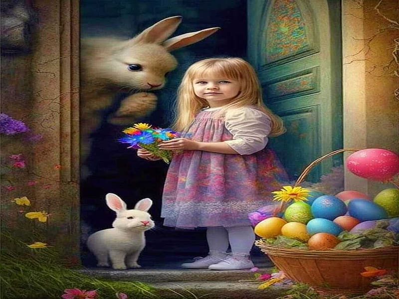 Easter, little girl, colored egs, rabbit, HD wallpaper