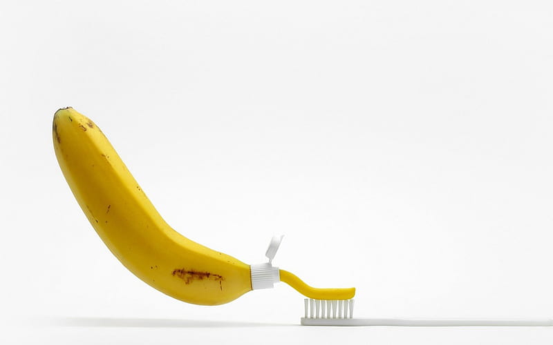 Banana toothpaste, fruit, toothbrush, yellow, funny, white, banana, cream, toothpaste, HD wallpaper