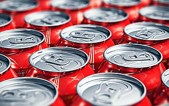 Coca Cola, soft drinks, cans of Coca Cola, red cans, macro, Coca Cola in cans, close-up, cans textures, HD wallpaper