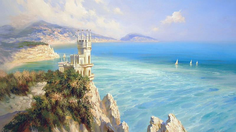 Sea Side Castle, sails, castle, sea, blue, HD wallpaper