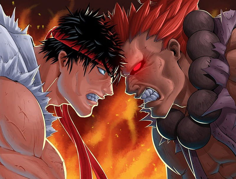 Ryu VS Akuma, games, street fighter, gouki, video games, ryu, fighters, fire, flames, spiky hair, anime, akuma, headband, HD wallpaper