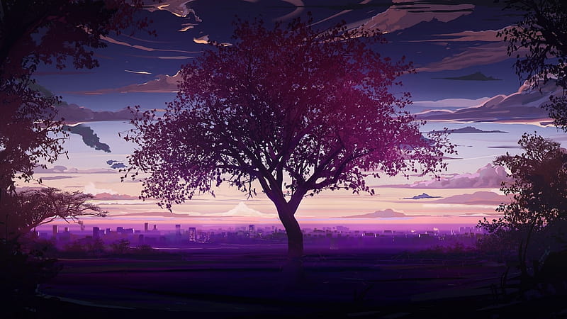 Lonely Tree, art, tree, purple, cg, game, sunset, scenery, HD wallpaper |  Peakpx
