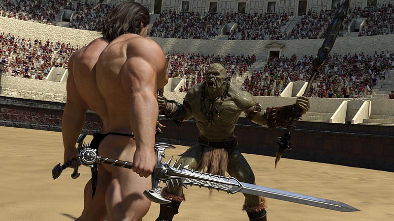 Osher vs. Orc (1), arena, warrior, muscle, fight, hero, orc, hunk, HD wallpaper