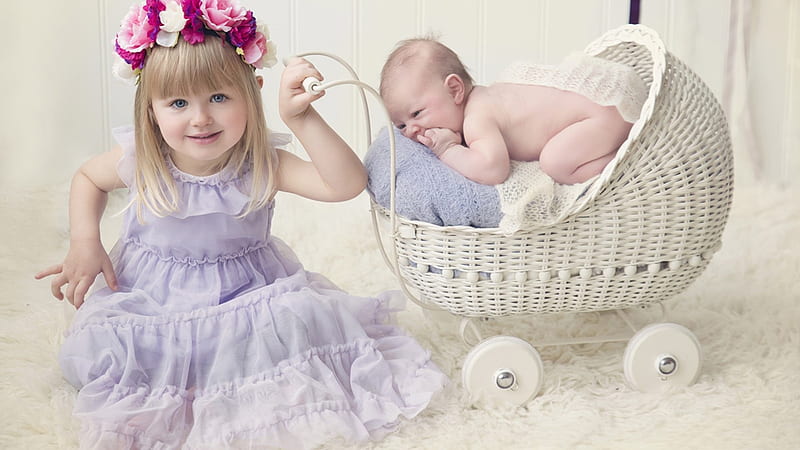 Cute Little Girl Is Wearing Light Purple Dress Sitting On Fur Cloth Near Baby Trolley Cute, HD wallpaper