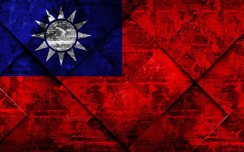 Flag of Taiwan grunge art, rhombus grunge texture, Taiwan flag, Asia, national symbols, Taiwan, creative art, HD wallpaper